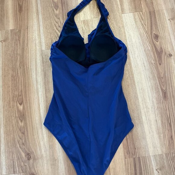 Talbots Blue Ruffle Padded Bra Halter Summer Beach One-Piece Swimsuit Sz 10 - Picture 3 of 7